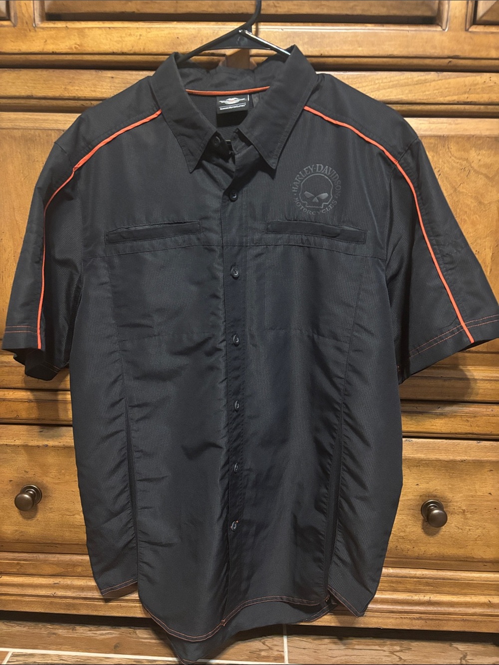 Harley-Davidson Black Short-Sleeve Button-Up Shirt with Orange Piping